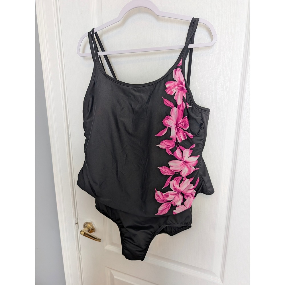Miraclesuit Women Black Pink Hibiscus Floral One Piece Swimsuit Size 20W 1304